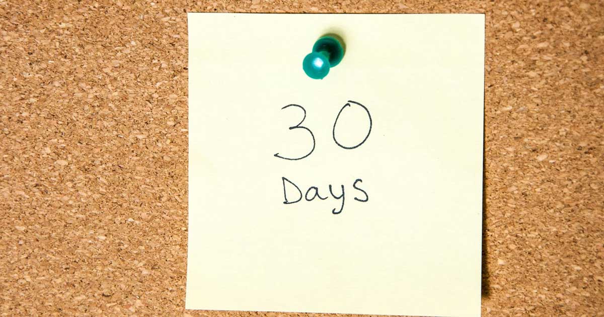 30_Day_Rule_Lemon_Law Corkboard with sticky note reading “30 Days” beside text explaining California Lemon Law’s 30-day rule.